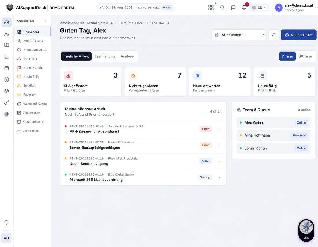 AISupportDesk Arbeitscockpit mit priorisierten Tickets und Team-Queue