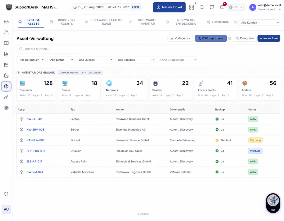AISupportDesk Asset-Verwaltung mit fiktivem IT-Inventar