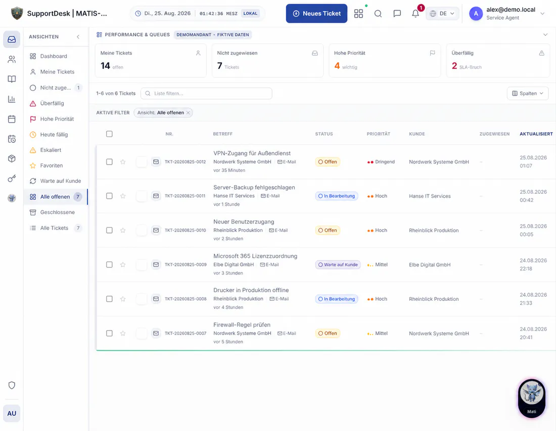 AISupportDesk Ticket-Queue mit Status, Prioritäten und fiktiven Demodaten